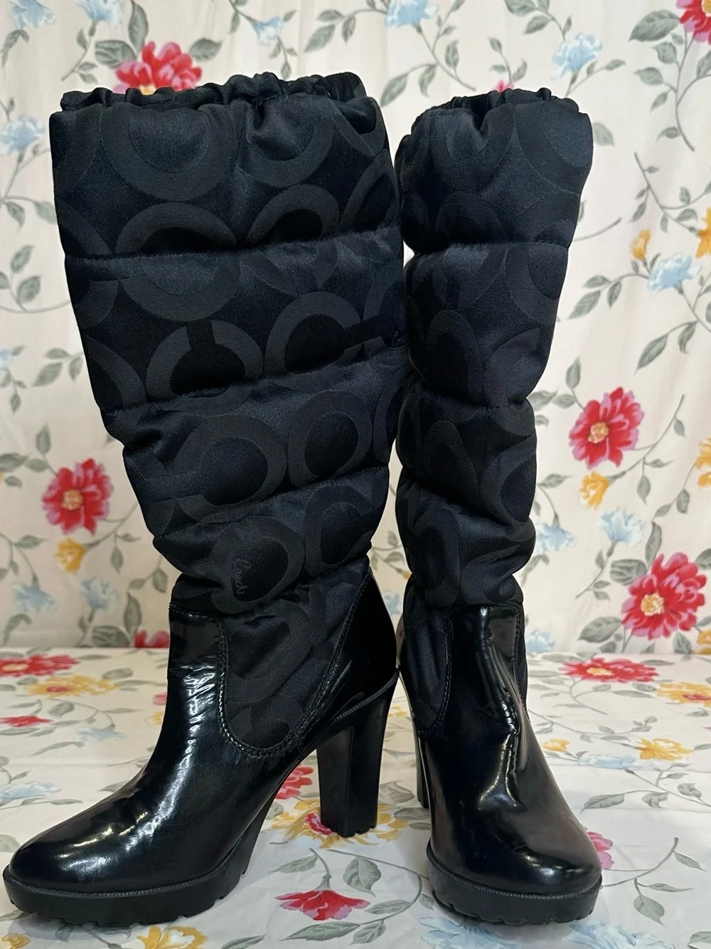 COACH LORYN Q385 BLACK QUILTED INSULATED HIGH HEEL BOOT